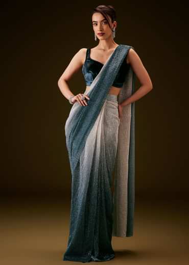 Teal And Cream Ombre Sequin Velvet Saree
