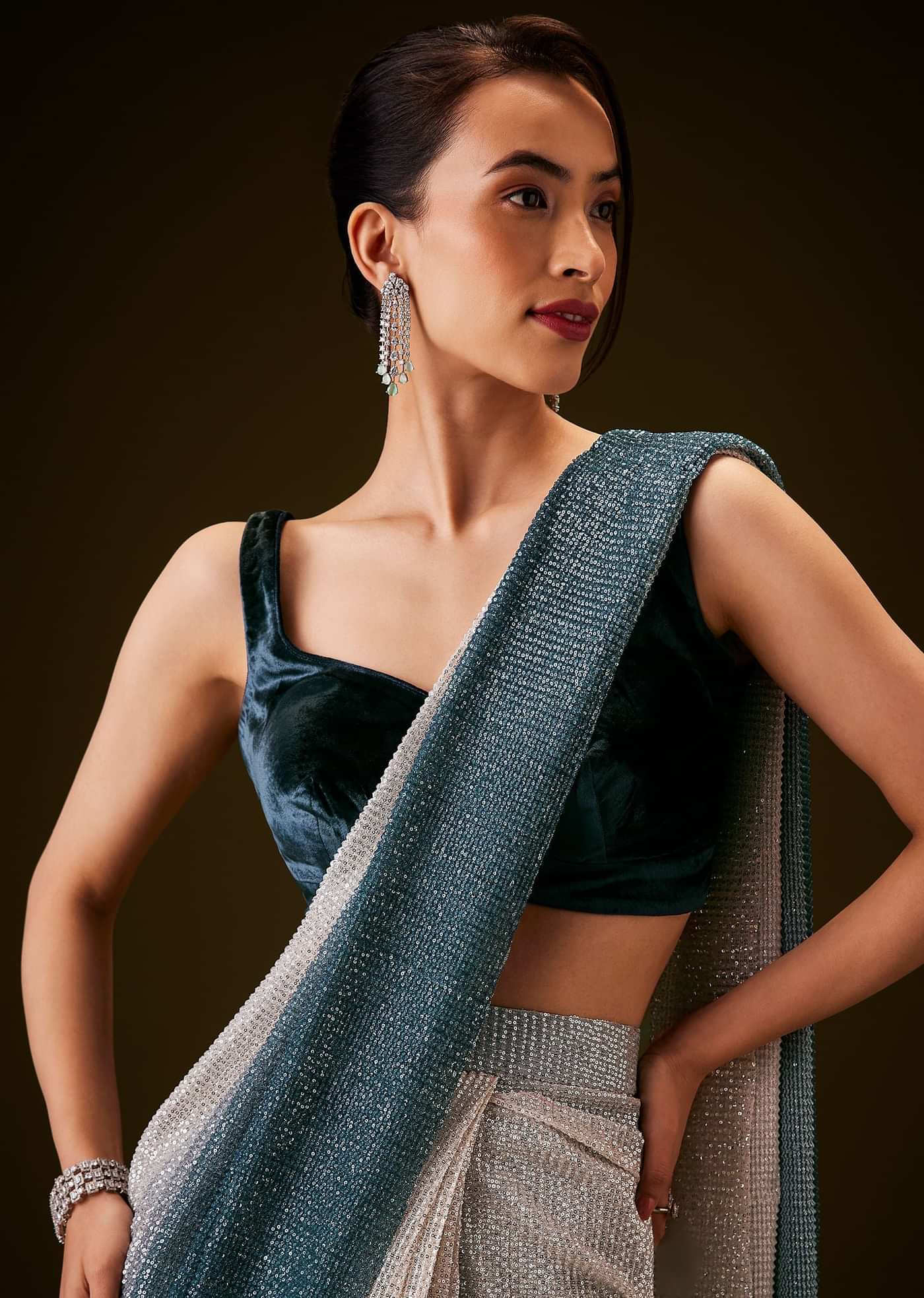 Teal And Cream Ombre Sequin Velvet Saree