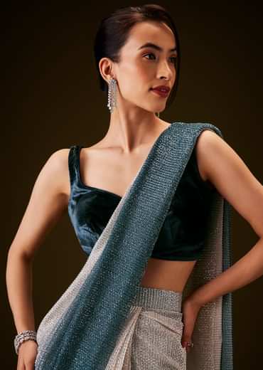 Teal And Cream Ombre Sequin Velvet Saree
