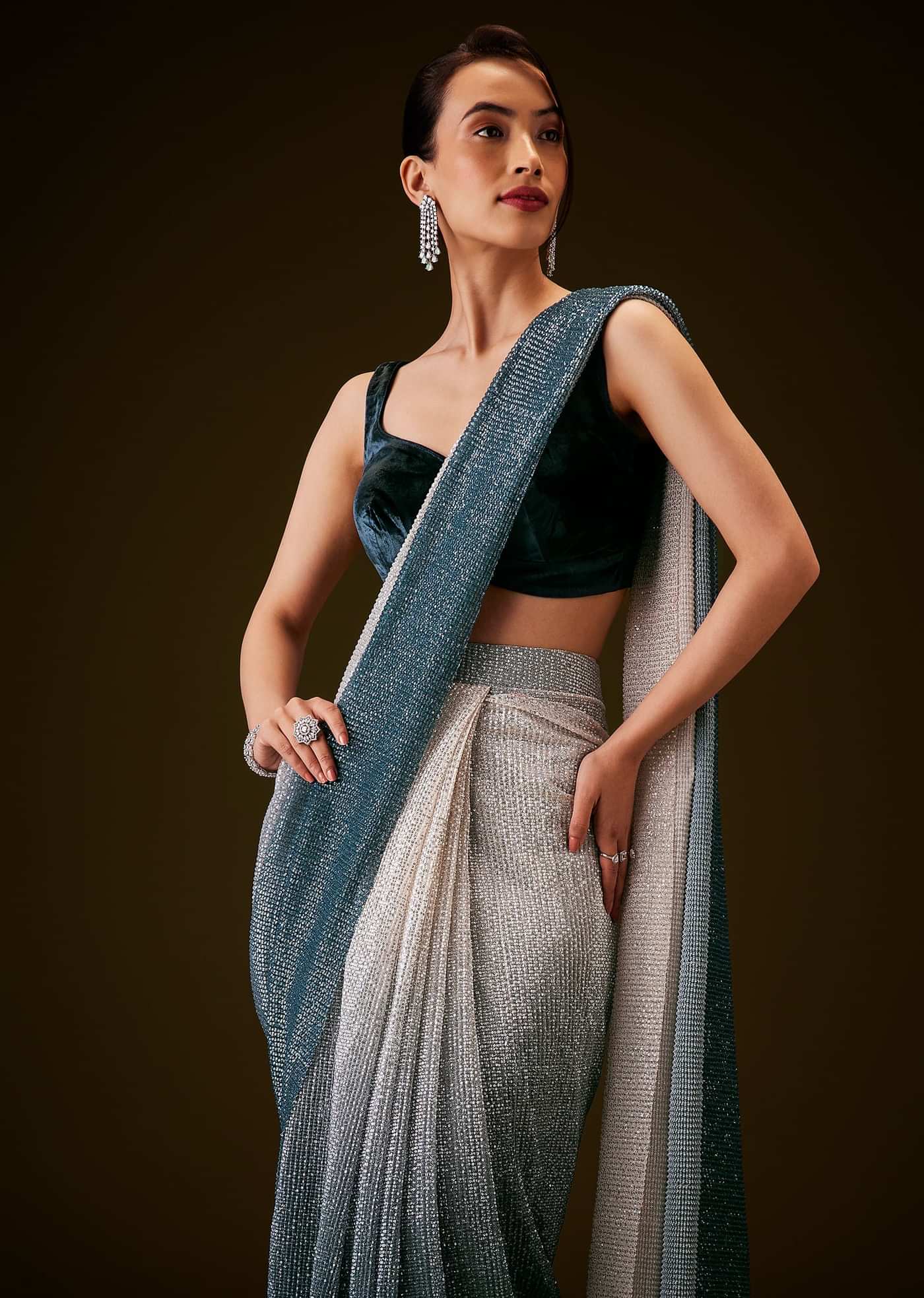 Teal And Cream Ombre Sequin Velvet Saree