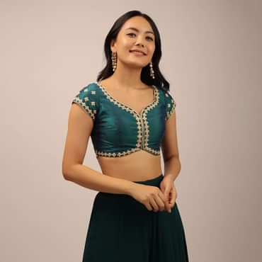 Teal Blouse In Raw Silk With Moti And Zari Work In Floral Design
