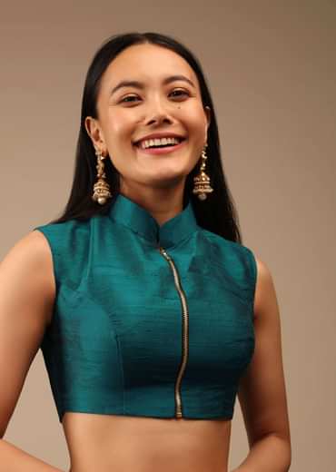 Teal Blue Blouse In Raw Silk With Mandarin Collar Neckline And Front Zip Closure