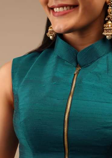 Teal Blue Blouse In Raw Silk With Mandarin Collar Neckline And Front Zip Closure