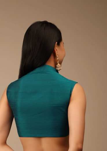 Teal Blue Blouse In Raw Silk With Mandarin Collar Neckline And Front Zip Closure