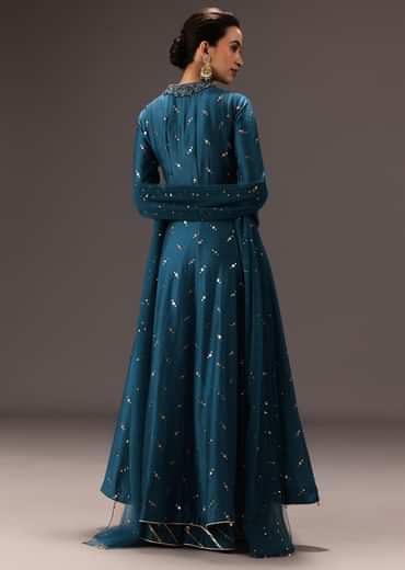 Teal Blue Chanderi Silk Hand Work Angarkha Set