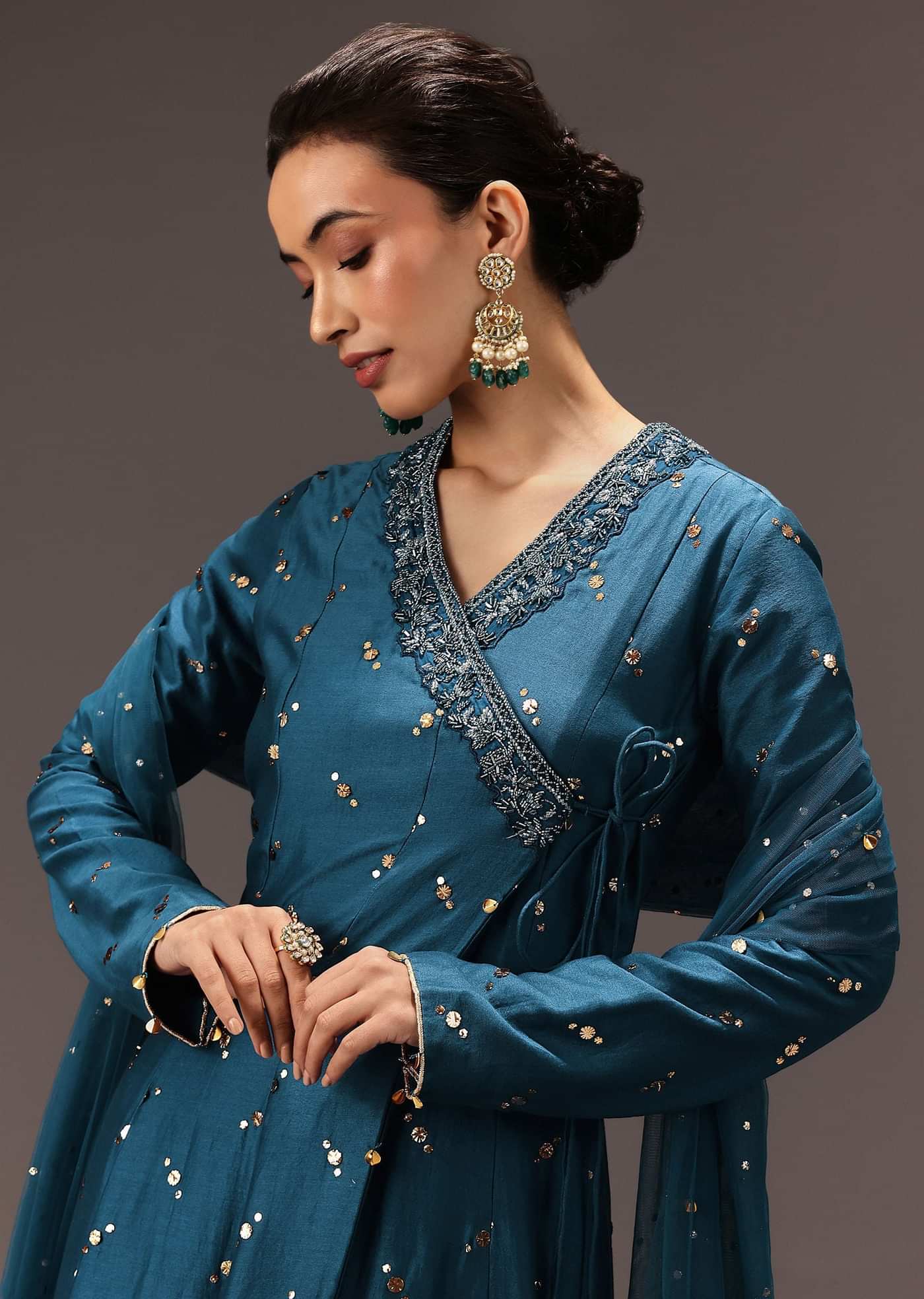Teal Blue Chanderi Silk Hand Work Angarkha Set
