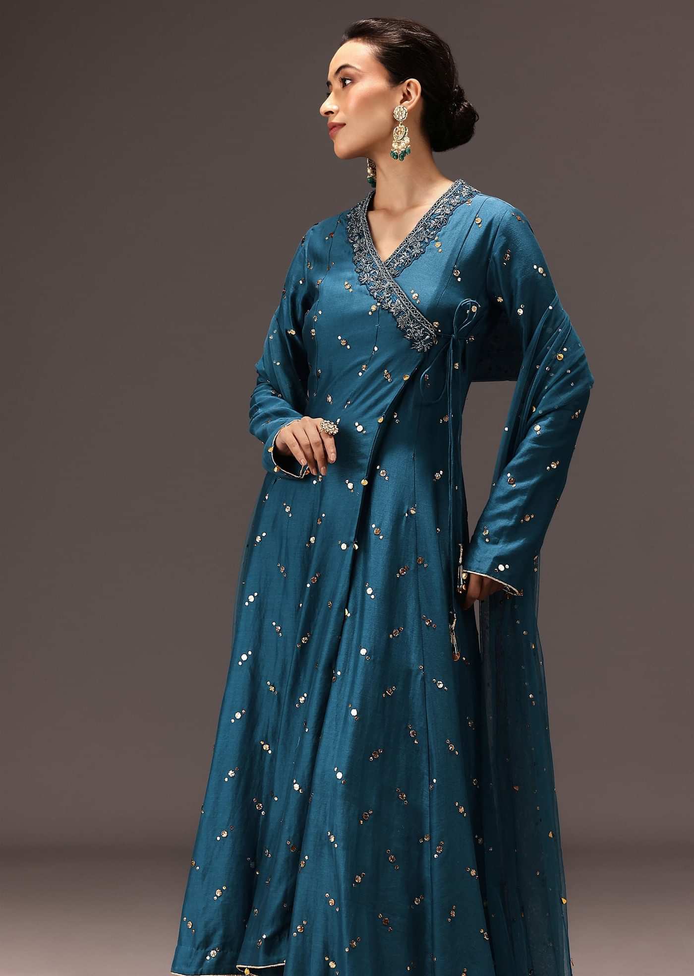 Teal Blue Chanderi Silk Hand Work Angarkha Set