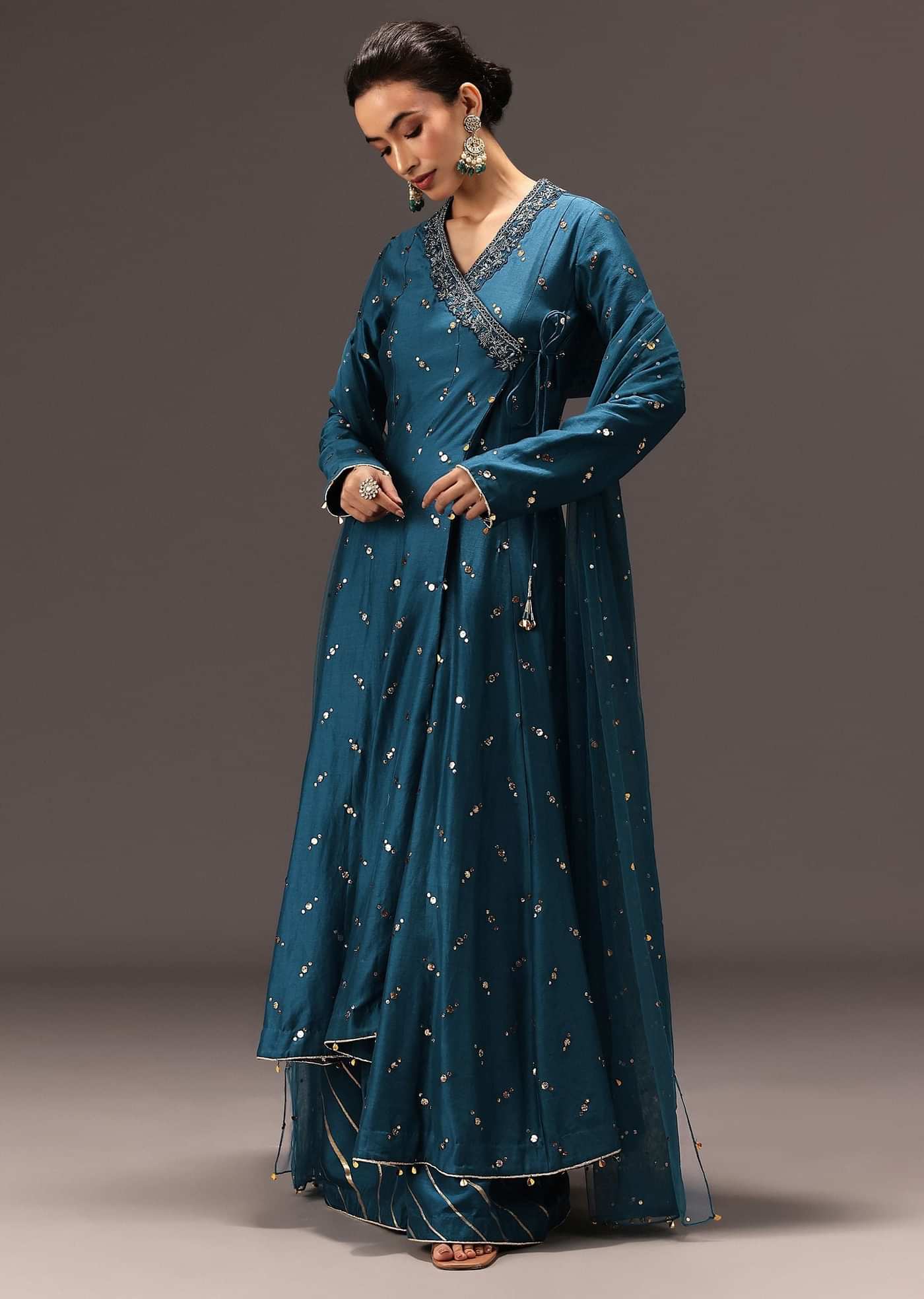Teal Blue Chanderi Silk Hand Work Angarkha Set