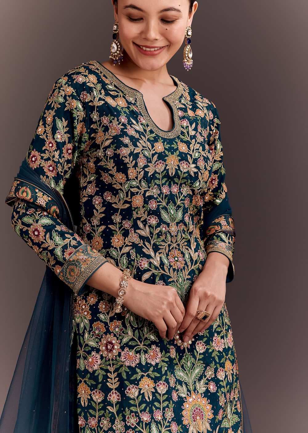 Teal Blue Embroidered Palazzo Set