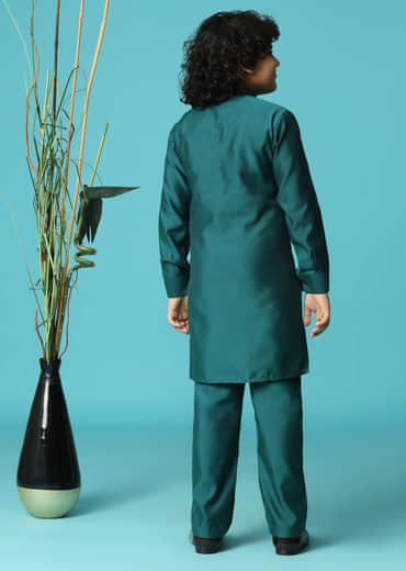 Teal Blue Embroidered Silk Kurta Jacket Set For Boys