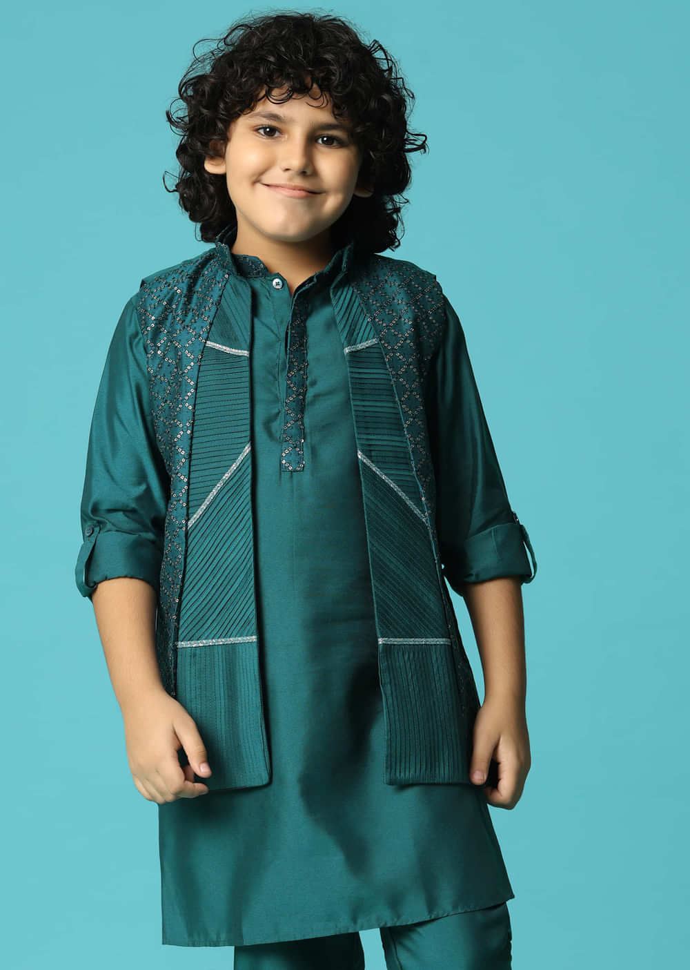 Teal Blue Embroidered Silk Kurta Jacket Set For Boys