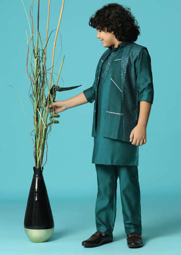 Teal Blue Embroidered Silk Kurta Jacket Set For Boys