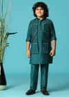 Teal Blue Embroidered Silk Kurta Jacket Set For Boys