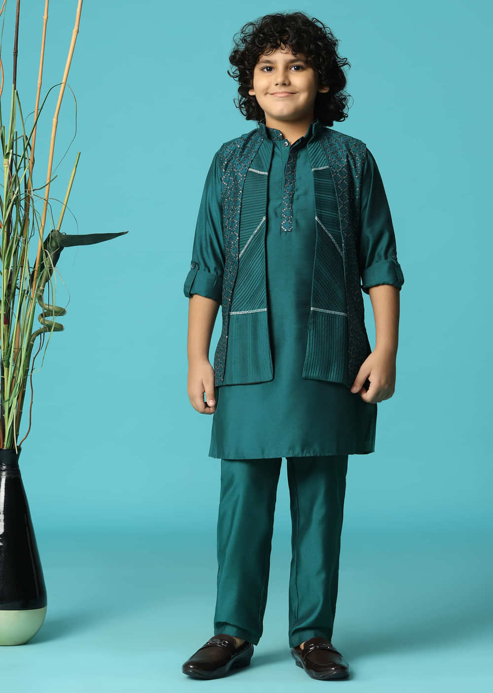 Teal Blue Embroidered Silk Kurta Jacket Set For Boys