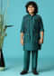 Teal Blue Embroidered Silk Kurta Jacket Set For Boys