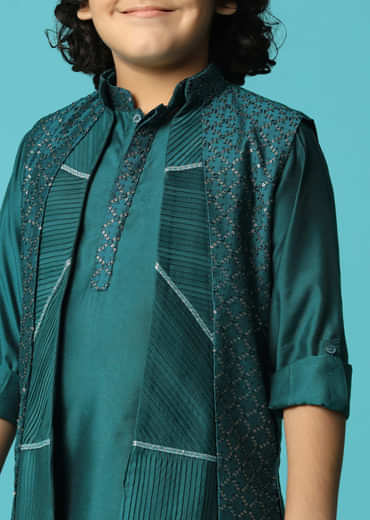 Teal Blue Embroidered Silk Kurta Jacket Set For Boys