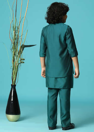 Teal Blue Embroidered Silk Kurta Jacket Set For Boys