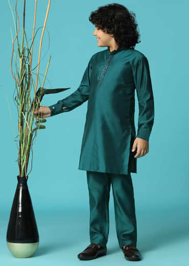 Teal Blue Embroidered Silk Kurta Jacket Set For Boys