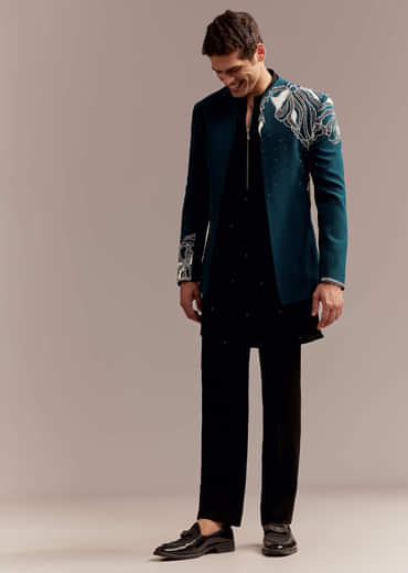 Teal Blue Indo Western Set For Men With Heavy Embroidery