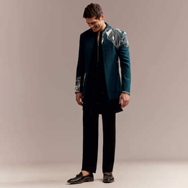Teal Blue Indo Western Set For Men With Heavy Embroidery