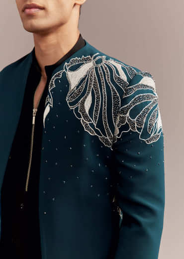 Teal Blue Indo Western Set For Men With Heavy Embroidery