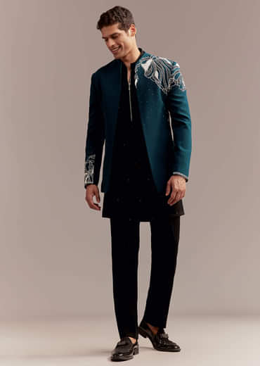 Teal Blue Indo Western Set For Men With Heavy Embroidery