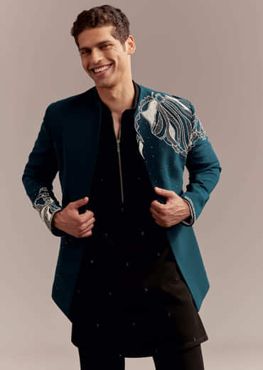 Teal Blue Indo Western Set For Men With Heavy Embroidery