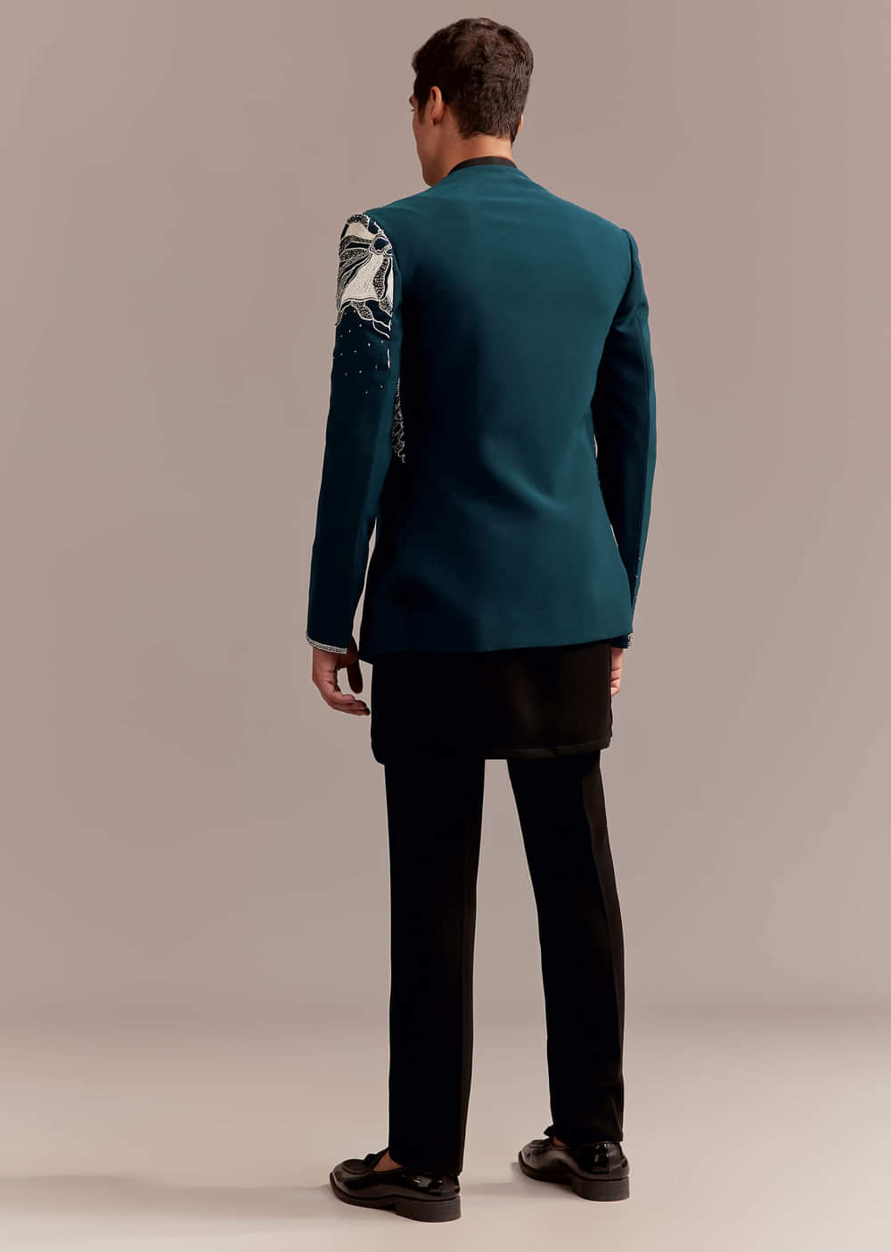 Teal Blue Indo Western Set For Men With Heavy Embroidery