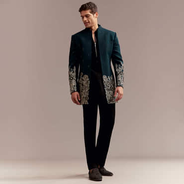 Teal Blue Indo Western Set For Men With Ivory Floral Embroidery