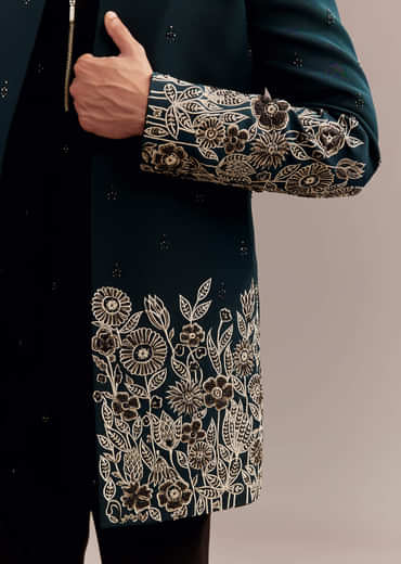 Teal Blue Indo Western Set For Men With Ivory Floral Embroidery
