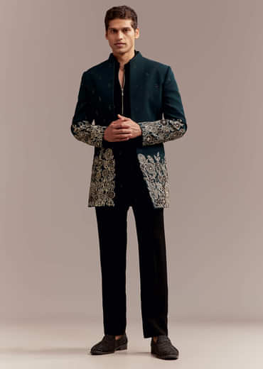 Teal Blue Indo Western Set For Men With Ivory Floral Embroidery