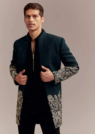 Teal Blue Indo Western Set For Men With Ivory Floral Embroidery