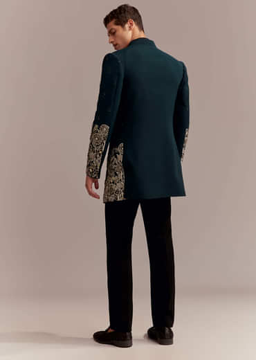 Teal Blue Indo Western Set For Men With Ivory Floral Embroidery