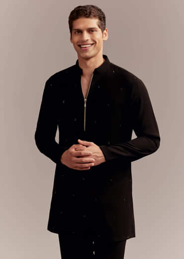 Teal Blue Indo Western Set For Men With Ivory Floral Embroidery