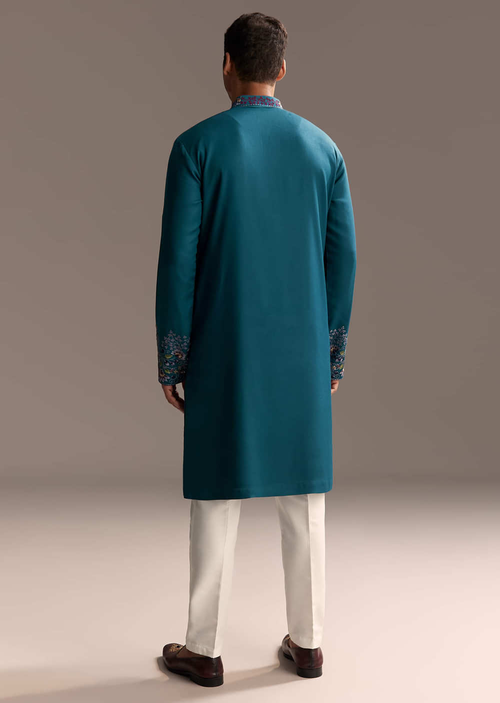 Teal Blue Modal Kurta Set For Men With Floral Resham Embroidery