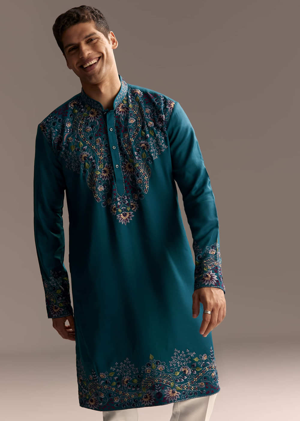 Teal Blue Modal Kurta Set For Men With Floral Resham Embroidery