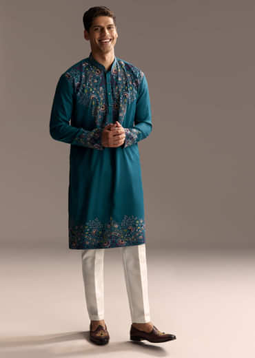 Teal Blue Modal Kurta Set For Men With Floral Resham Embroidery