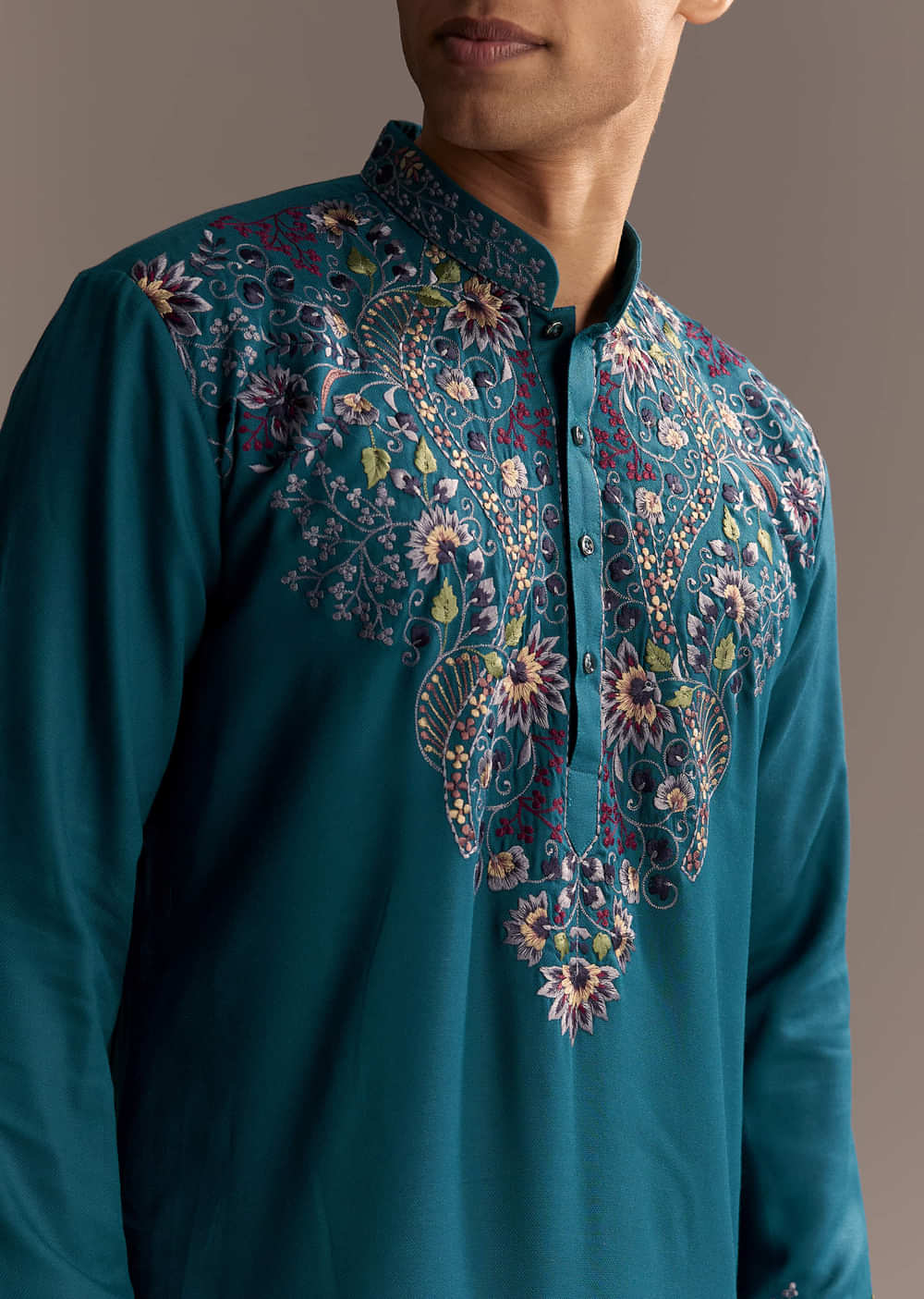 Teal Blue Modal Kurta Set For Men With Floral Resham Embroidery