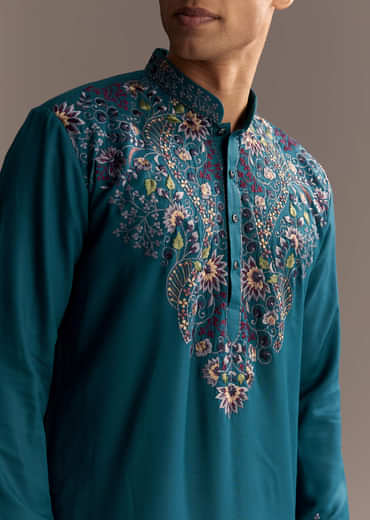 Teal Blue Modal Kurta Set For Men With Floral Resham Embroidery