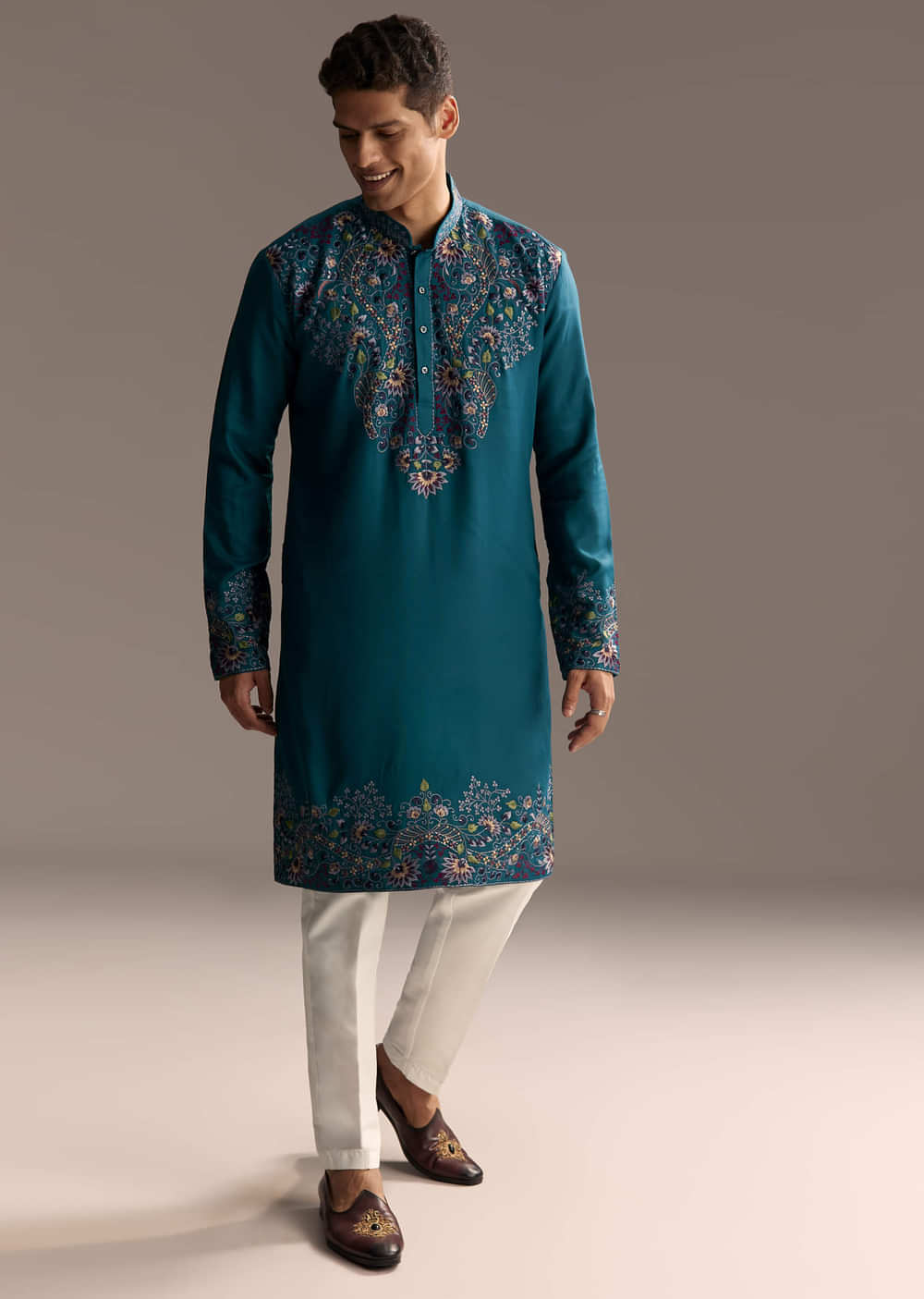 Teal Blue Modal Kurta Set For Men With Floral Resham Embroidery