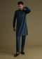Teal Blue Pathani Kurta Set In Rayon With A Black Patch On Shoulder With Embroidery
