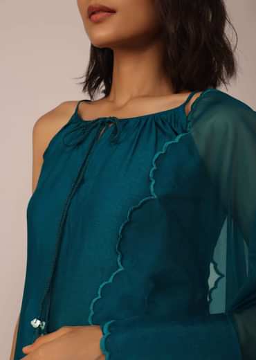 Teal Blue Plain Suit Set In Art Silk With Tassels Adorned Dupatta