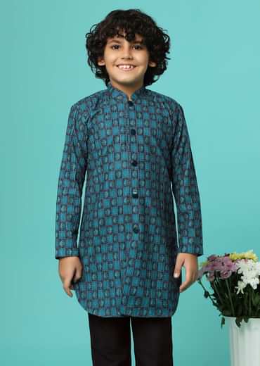 Teal Blue Printed Silk Kurta Pant Set
