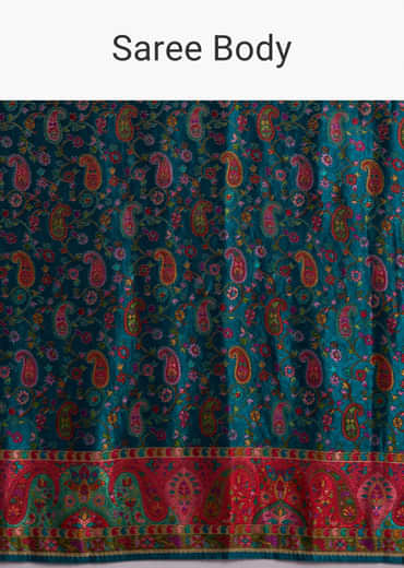 Teal Blue Satin Woven Saree With Multicolour Traditional Motifs