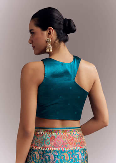 Teal Blue Satin Woven Saree With Multicolour Traditional Motifs