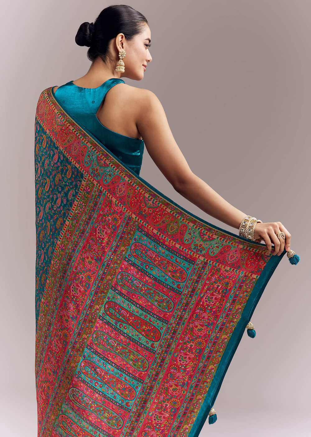 Teal Blue Satin Woven Saree With Multicolour Traditional Motifs