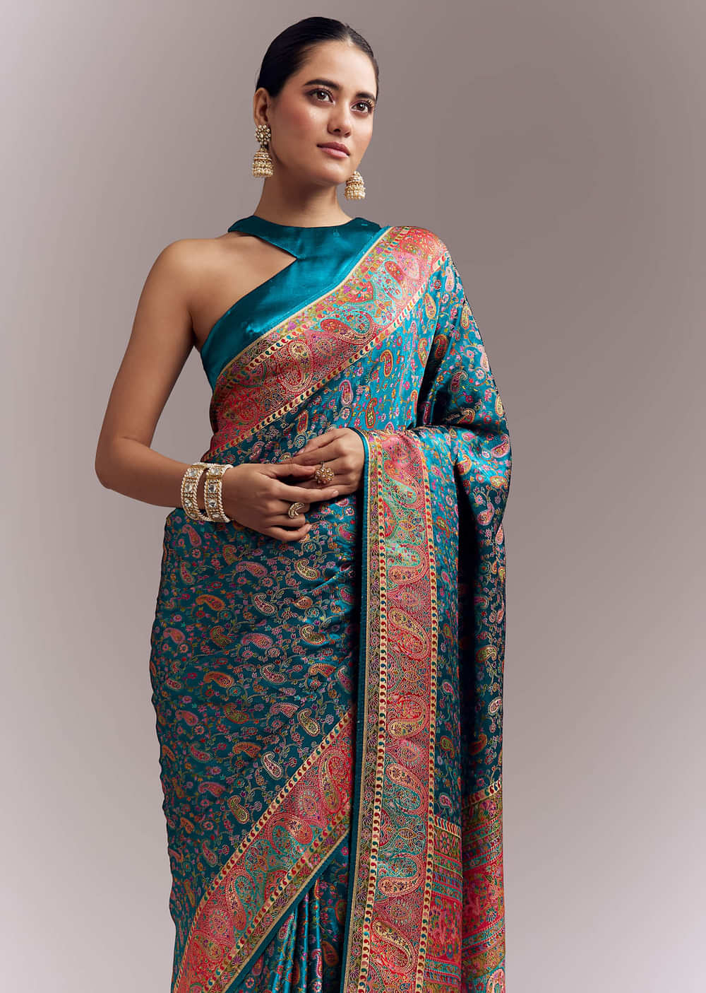 Teal Blue Satin Woven Saree With Multicolour Traditional Motifs