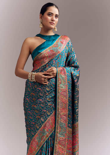 Teal Blue Satin Woven Saree With Multicolour Traditional Motifs