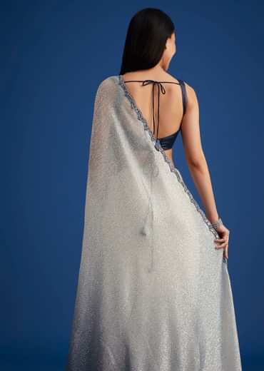 Teal Blue Sequins Saree With Scallop Embroidery Border