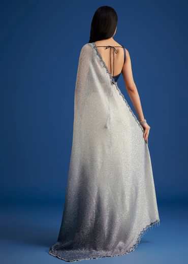 Teal Blue Sequins Saree With Scallop Embroidery Border